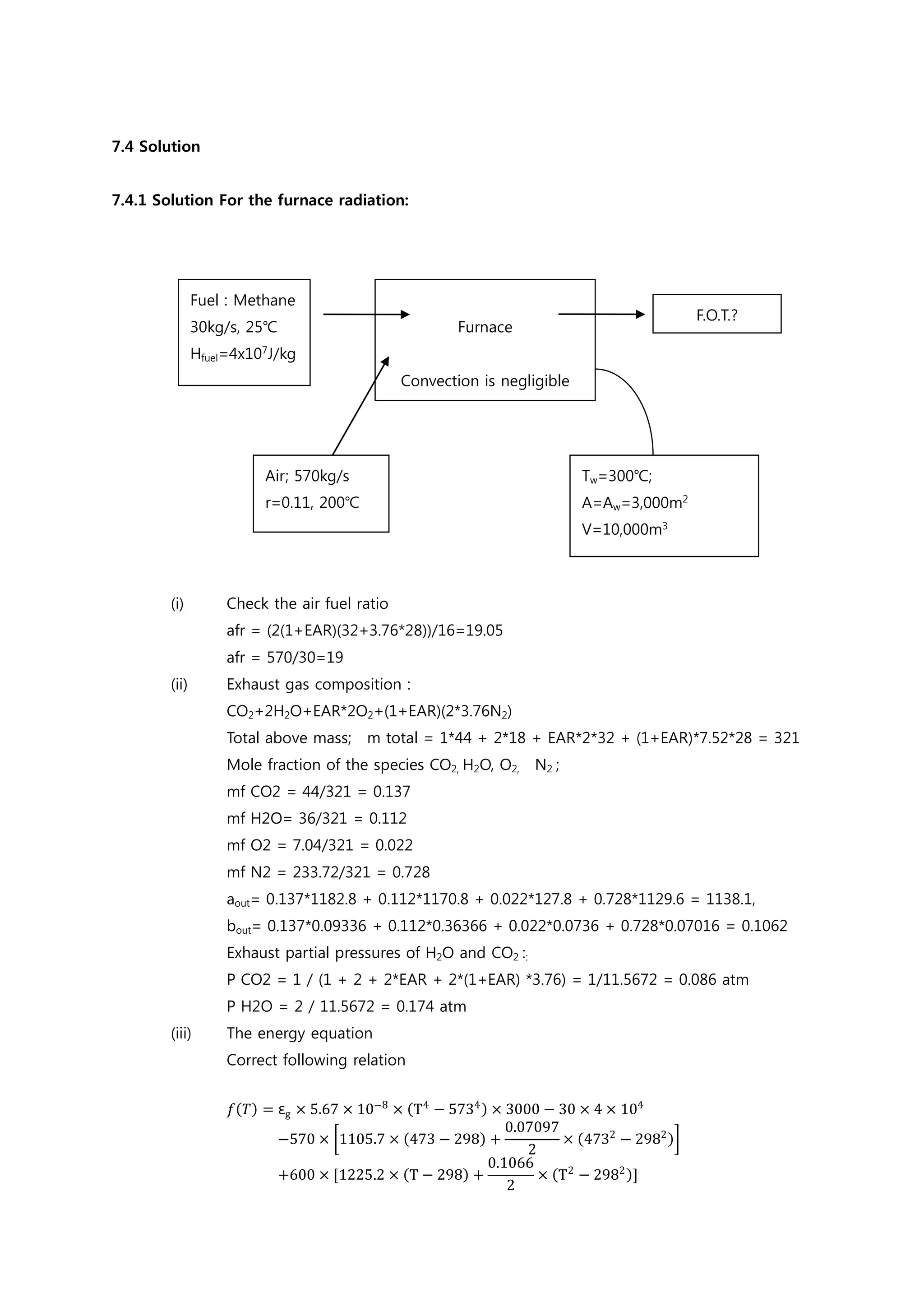 7.4 Solution
7.4.1 Solution For the furnace radiation:
(i) Check the air fuel ratio
afr = (2(1+EAR)(32+3.76*28))/16=19.05
afr = 570/30=19
(ii) Exhaust gas composition :
CO2+2H2O+EAR*2O2+(1+EAR)(2*3.76N2)
Total above mass; m total = 1*44 + 2*18 + EAR*2*32 + (1+EAR)*7.52*28 = 321
Mole fraction of the species CO2, H2O, O2, N2 ;
mf CO2 = 44/321 = 0.137
mf H2O= 36/321 = 0.112
mf O2 = 7.04/321 = 0.022
mf N2 = 233.72/321 = 0.728
aout= 0.137*1182.8 + 0.112*1170.8 + 0.022*127.8 + 0.728*1129.6 = 1138.1,
bout= 0.137*0.09336 + 0.112*0.36366 + 0.022*0.0736 + 0.728*0.07016 = 0.1062
Exhaust partial pressures of H2O and CO2 ::
P CO2 = 1 / (1 + 2 + 2*EAR + 2*(1+EAR) *3.76) = 1/11.5672 = 0.086 atm
P H2O = 2 / 11.5672 = 0.174 atm
(iii) The energy equation
Correct following relation
𝑓𝑓(𝑇𝑇) = εg × 5.67 × 10−8
× (T4
− 5734) × 3000 − 30 × 4 × 104
−570 × �1105.7 × (473 − 298) +
0.07097
2
× (4732
− 2982)�
+600 × [1225.2 × (T − 298) +
0.1066
2
× (T2
− 2982)]
Furnace
Convection is negligible
Fuel : Methane
30kg/s, 25℃
Hfuel=4x107
J/kg
F.O.T.?
Air; 570kg/s
r=0.11, 200℃
Tw=300℃;
A=Aw=3,000m2
V=10,000m3
 