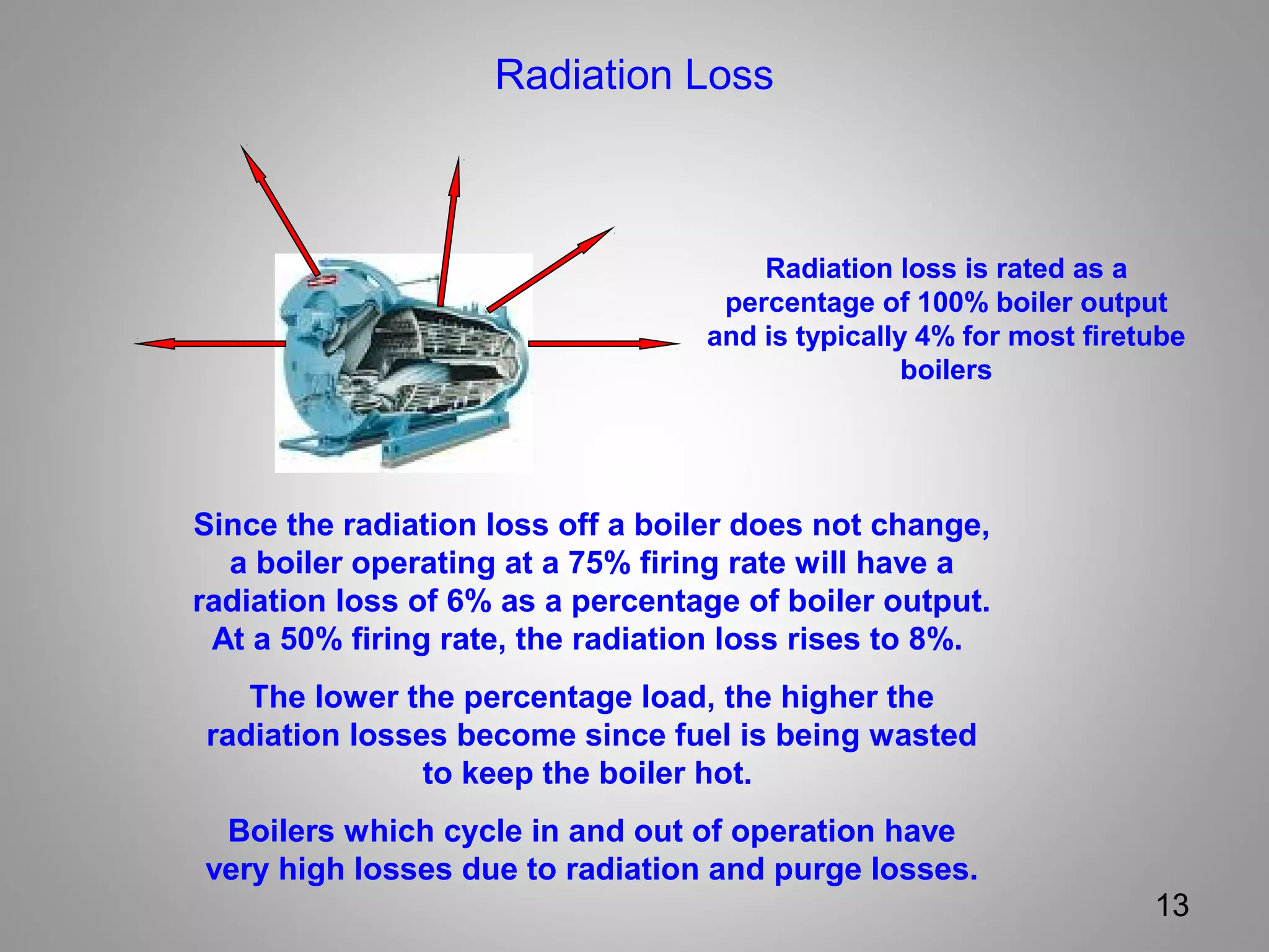 Radiation Loss
13
Radiation loss is rated as a
percentage of 100% boiler output
and is typically 4% for most firetube
boilers
Since the radiation loss off a boiler does not change,
a boiler operating at a 75% firing rate will have a
radiation loss of 6% as a percentage of boiler output.
At a 50% firing rate, the radiation loss rises to 8%.
The lower the percentage load, the higher the
radiation losses become since fuel is being wasted
to keep the boiler hot.
Boilers which cycle in and out of operation have
very high losses due to radiation and purge losses.
 