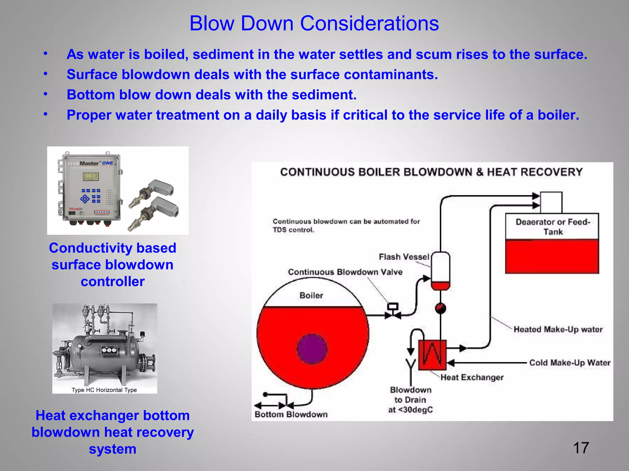 Blow Down Considerations
• As water is boiled, sediment in the water settles and scum rises to the surface.
• Surface blowdown deals with the surface contaminants.
• Bottom blow down deals with the sediment.
• Proper water treatment on a daily basis if critical to the service life of a boiler.
17
Conductivity based
surface blowdown
controller
Heat exchanger bottom
blowdown heat recovery
system
 