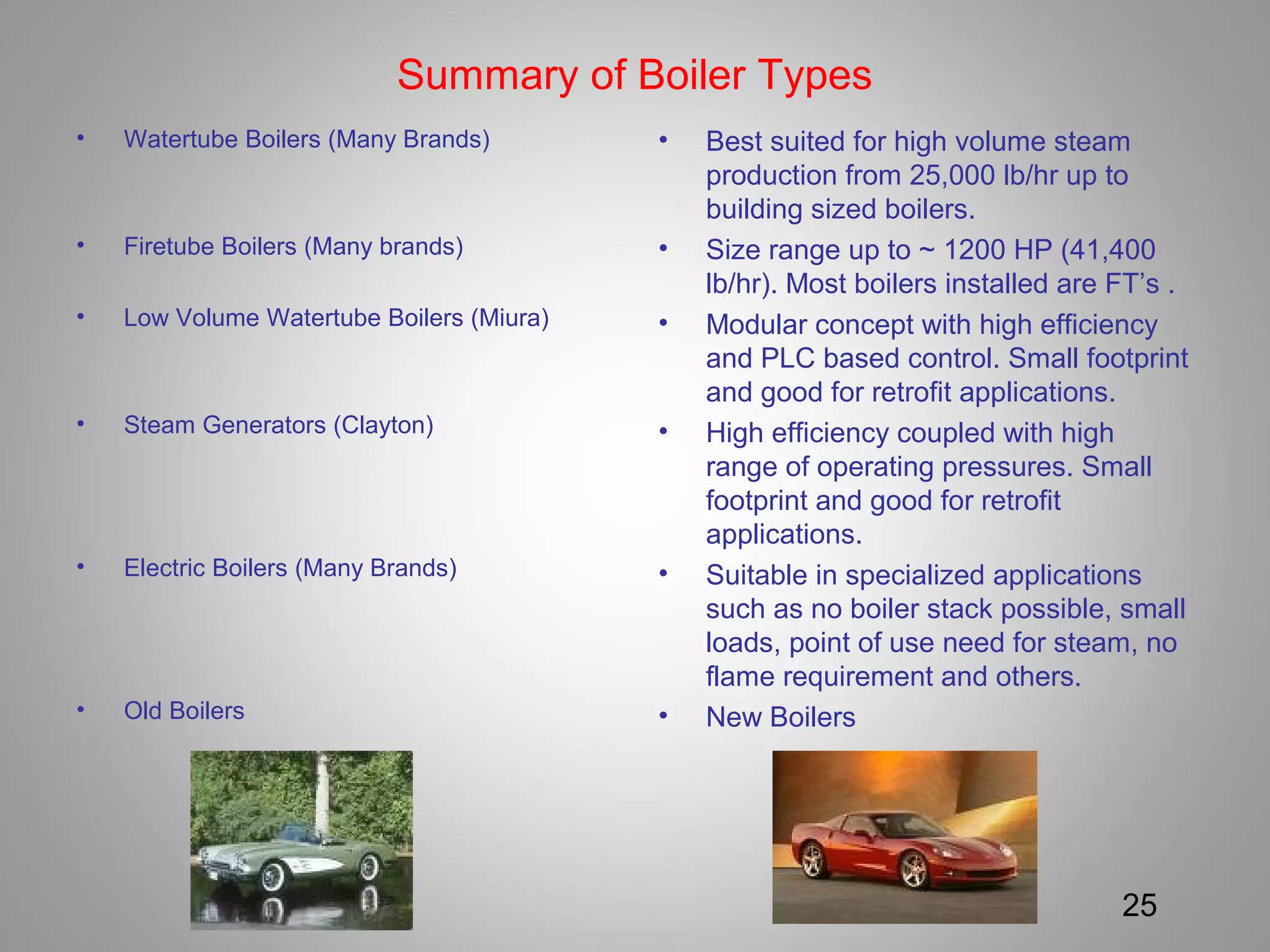 Summary of Boiler Types
• Watertube Boilers (Many Brands)
• Firetube Boilers (Many brands)
• Low Volume Watertube Boilers (Miura)
• Steam Generators (Clayton)
• Electric Boilers (Many Brands)
• Old Boilers
• Best suited for high volume steam
production from 25,000 lb/hr up to
building sized boilers.
• Size range up to ~ 1200 HP (41,400
lb/hr). Most boilers installed are FT’s .
• Modular concept with high efficiency
and PLC based control. Small footprint
and good for retrofit applications.
• High efficiency coupled with high
range of operating pressures. Small
footprint and good for retrofit
applications.
• Suitable in specialized applications
such as no boiler stack possible, small
loads, point of use need for steam, no
flame requirement and others.
• New Boilers
25
 
