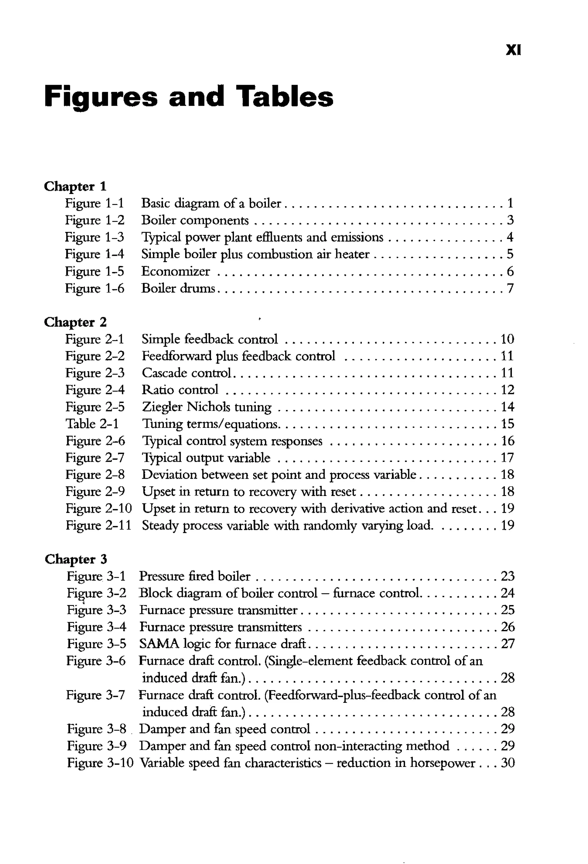 XI
Figures and Tables
Chapter 1
Figure 1-1
Figure 1-2
Figure 1-3
Figure 1-4
Figure 1-5
Figure 1-6
Chapter 2
Figure 2-1
Figure 2-2
Figure 2-3
Figure 2-4
Figure 2-5
Table 2-1
Figure 2-6
Figure 2-7
Figure 2-8
Figure 2-9
Figure 2-10
Figure 2-11
Chapter 3
Basic diagram ofa boiler . . . . . . . . . . . . . . . . . . . . . . . . . . . . . . 1
Boiler components .................................. 3
Typical power plant effluents and emissions ................ 4
Simple boiler plus combustion air heater .................. 5
Economizer ....................................... 6
Boiler drums ....................................... 7
Simple feedback control . . . . . . . . . . . . . . . . . . . . . . . . . . . . . 10
Feedforward plus feedback control ..................... 11
Cascade control. ................................... 11
Ratio control . . . . . . . . . . . . . . . . . . . . . . . . . . . . . . . . . . . . . 12
Ziegler Nichols tuning .............................. 14
Tuning terms/equations.............................. 15
Typical control system responses ....................... 16
Typical output variable .............................. 17
Deviation between set point and process variable . . . . . . . . . . . 18
Upset in return to recovery with reset . . . . . . . . . . . . . . . . . . . 18
Upset in return to recovery with derivative action and reset. .. 19
Steady process variable with randomly varying load. . . . . . . . . 19
Figure 3-1 Pressure fired boiler . . . . . . . . . . . . . . . . . . . . . . . . . . . . . . . . . 23
Figure 3-2 Block diagram ofboiler control- furnace control. .......... 24
Figure 3-3 Furnace pressure transmitter ........................... 25
Figure 3-4 Furnace pressure transmitters . . . . . . . . . . . . . . . . . . . . . . . . . . 26
Figure 3-5 SAMA logic for furnace draft .......................... 27
Figure 3-6 Furnace draft control. (Single-element feedback control ofan
induced draft fan.) . . . . . . . . . . . . . . . . . . . . . . . . . . . . . . . . . . 28
Figure 3-7 Furnace draft control. (Feedforward-plus-feedback control ofan
induced draft fan.) . . . . . . . . . . . . . . . . . . . . . . . . . . . . . . . . . . 28
Figure 3-8 Damper and fan speed control . . . . . . . . . . . . . . . . . . . . . . . . . 29
Figure 3-9 Damper and fan speed control non-interacting method ...... 29
Figure 3-10 Variable speed fan characteristics - reduction in horsepower ... 30
 
