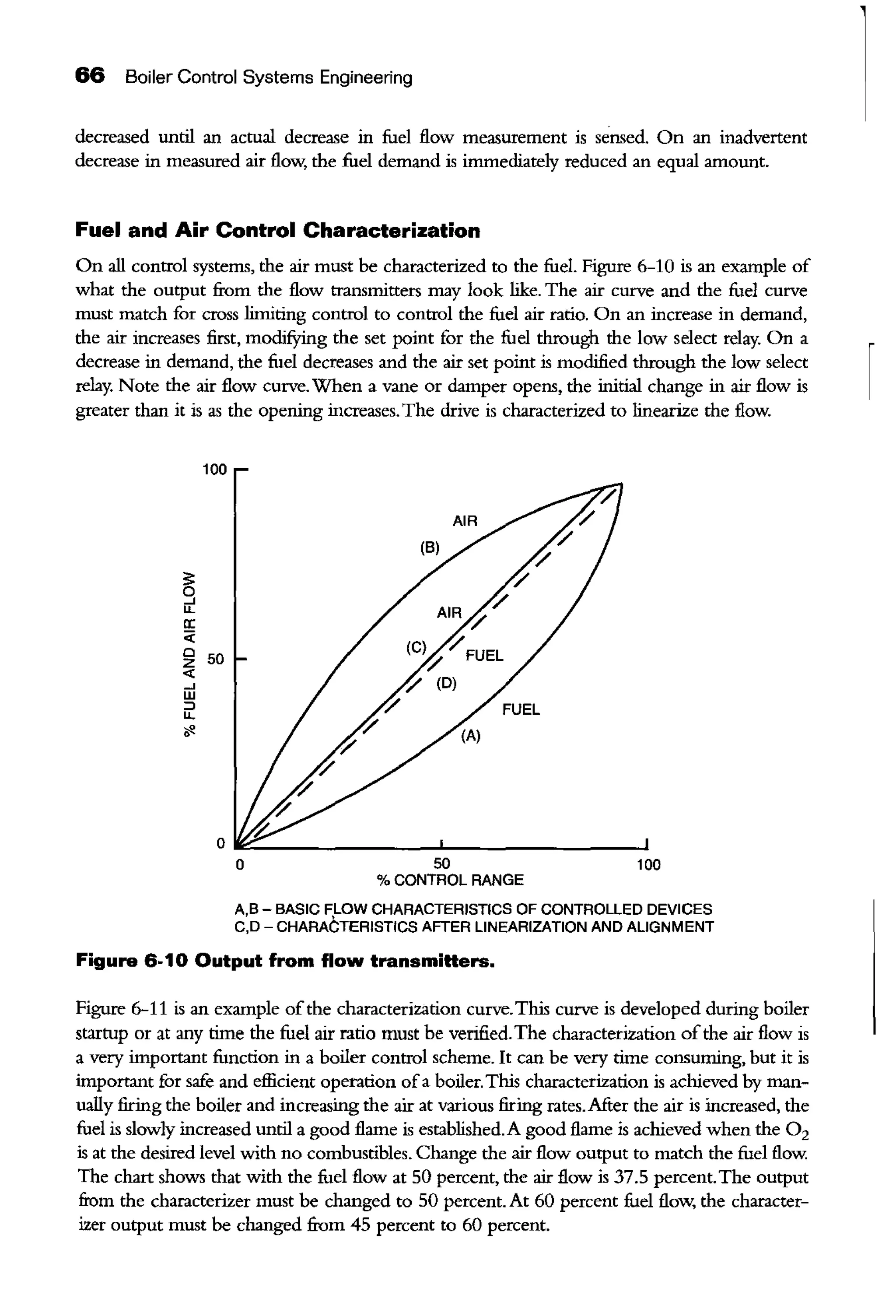 66 Boiler Control Systems Engineering
decreased until an actual decrease in fuel flow measurement is sensed. On an inadvertent
decrease in measured air flow, the fuel demand is inunediately reduced an equal amount.
Fuel and Air Control Characterization
On all control systems, the air must be characterized to the fuel. Figure 6-10 is an example of
what the output from the flow transmitters may look like. The air curve and the fuel curve
must match for cross limiting control to control the fuel air ratio. On an increase in demand,
the air increases first, modifYing the set point for the fuel through the low select relay. On a
decrease in demand, the fuel decreases and the air set point is modified through the low select r
relay. Note the air flow curve. When a vane or damper opens, the initial change in air flow is
greater than it is as the opening increases. The drive is characterized to linearize the flow.
;;::
0
...J
LL
0:
<0
50z<(
...J
w
::J
LL
...
0 50
%CONTROL RANGE
100
A,B- BASIC FLOW CHARACTERISTICS OF CONTROLLED DEVICES
C,D- CHARACTERISTICS AFTER LINEARIZATION AND ALIGNMENT
Figure 6-10 Output from flow transmiHers.
Figure 6-11 is an example ofthe characterization curve.This curve is developed during boiler
startup or at any time the fuel air ratio must be verified.The characterization ofthe air flow is
a very important function in a boiler control scheme. It can be very time consuming, but it is
important for safe and efficient operation ofa boiler.This characterization is achieved by man-
ually firing the boiler and increasing the air at various firing rates.After the air is increased, the
fuel is slowly increased until a good flame is established.A good flame is achieved when the 0 2
is at the desired level with no combustibles. Change the air flow output to match the fuel flow.
The chart shows that with the fuel flow at 50 percent, the air flow is 37.5 percent.The output
from the characterizer must be changed to 50 percent. At 60 percent fuel flow, the character-
izer output must be changed from 45 percent to 60 percent.
 