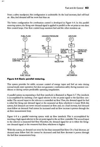 Fuel and Air Control 63
From a safety standpoint, this configuration is undesirable. As the load increases, fuel will lead
air. Also, fuel demand still has more fuel than air.
The better configuration for combustion control is developed in Figure 6-6. In this parallel
metering system, the firing-rate demand signal is applied in parallel as the set point to two slave
flow conttolloops. One flow conttolloop monitors fuel and rhe other monitors air.
FUEL FLOW
FT
FUEL VALVE
HEADER PRESSURE
Figure 6-6 Basic parallel metering.
AIRFLOW
f(x)
AIR DAMPER
FROM FUEL
AIR RATIO
TRIM
This system provides for stable, accurate conttol of energy input and fuel air ratio during
normal steady-state operation, but does not guarantee combustion safety during transient con-
ditions or during certain predictable operating irregularities.
A parallel system incorporating a fuel flow interlock is illustrated in Figure 6-7. The interlock
is accomplished by inserting a low signal selector in the set point signal to the fuel flow con-
ttoller. The second input to the selector is conttolled air flow. Thus, the demand signal for fuel
is eirhet' the firing-rate demand signal or rhe measured air flow, whichever is lower.With this
system, fuel demand can never exceed measured air flow and, on a load increase, fuel demand
must follow air demand. Fuel cannot be increased until air flow increase is proven rhrough the
air flow measurement loop.
Figure 6-8 is a parallel metering system with air flow interlock. This is accomplished by
inserting a high signal selector in the set point signal to the air flow conttoller.The second input
to the selector is measured fuel flow. Therefore, the demand signal for air is either the firing-
rate demand signal or the measured fuel flow, whichever is higher.
Wirh this system, air demand can never be less than measured fuel flow. On a load decrease, air
demand must follow fuel. Air cannot be decreased until fuel flow decrease is proven rhrough
the fuel flow measurement loop.
 