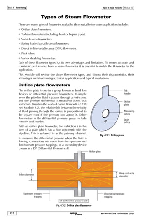 The Steam and Condensate Loop 4.2.15
Principles of Flowmetering Module 4.2Block 4 Flowmetering
Questions
1. An orifice plate flowmeter has been selected for a maximum flowrate of 2 500 kg /h.
The flowmeter has a published accuracy of ±2% of actual flow. For a flow
of 700 kg /h, over what range of flow will accuracy be maintained?
a| 650 - 750 kg /h ¨
b| 686 - 714 kg /h ¨
c| 675 - 725 kg /h ¨
d| 693 - 707 kg /h ¨
2. An orifice plate flowmeter has been selected for a maximum flowrate of 2500 kg /h.
The flowmeter has a published accuracy of ±2% of FSD. For a flow of 700 kg /h,
over what range of flow will accuracy be maintained?
a| 675 - 725 kg /h ¨
b| 693 - 707 kg /h ¨
c| 650 - 750 kg /h ¨
d| 686 - 714 kg /h ¨
3. An orifice plate flowmeter is selected for a maximum flow of 3 000 kg / h.
The minimum expected flow is 300 kg/h. The accuracy of the flowmeter is ±2%
of actual flow. Over what range of flow at the minimum flow condition will
accuracy be maintained?
a| Range unknown because the turndown is greater than 8:1 ¨
b| Range unknown because the turndown is greater than 4:1 ¨
c| 294 - 306 kg /h ¨
d| 240 - 360 kg /h ¨
4. Why is an orifice plate flowmeter limited to a turndown of 4:1?
a| At higher turndowns, the vena contracta has a choking effect on flow through an orifice ¨
b| At higher turndowns the differential pressure across an orifice is too small
to be measured accurately ¨
c| At low flowrates, the accuracy of the differential pressure cell has a larger effect
on the flowmeter accuracy ¨
d| The orifice is too large for flow at higher flowrates ¨
5. An orifice plate flowmeter is sized for a maximum flow of 2 000 kg /h.
What is the effect on accuracy at a higher flow?
a| The accuracy is reduced because the turndown will be greater than 4:1 ¨
b| The flowmeter will be out of range so the indicated flow will be meaningless ¨
c| None ¨
d| The characteristics of an orifice plate flowmeter mean that the higher the flow,
the greater the accuracy, consequently accuracy will be improved ¨
 