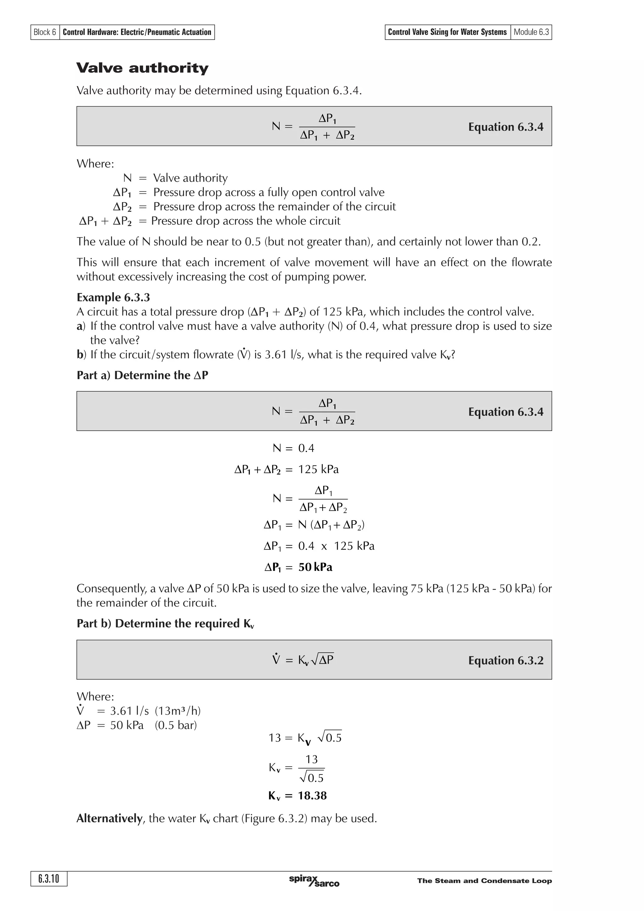 The Steam and Condensate Loop6.3.10
Control Valve Sizing for Water Systems Module 6.3Block 6 Control Hardware: Electric/Pneumatic Actuation
Equation 6.3.4
3
1
3 3
∆
∆ + ∆ÃÃÃ !
Equation 6.3.4
3
1
3 3
∆
∆ + ∆ÃÃÃ !

 
  

1 
3 3  N3D
3
1
3 3
3 1  3 3  