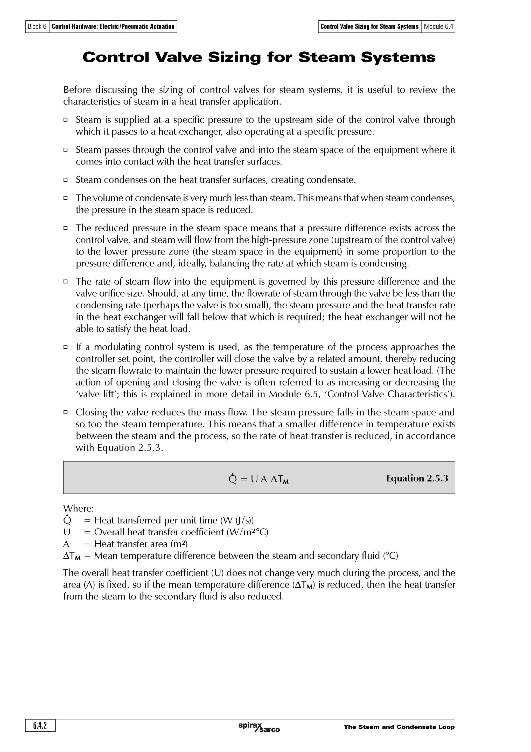 The Steam and Condensate Loop 6.4.1
Block 6 Control Hardware: Electric/Pneumatic Actuation Control Valve Sizing for Steam Systems Module 6.4
Module 6.4
Control Valve Sizing
for Steam Systems
SC-GCM-57CMIssue5©Copyright2006Spirax-SarcoLimited
 