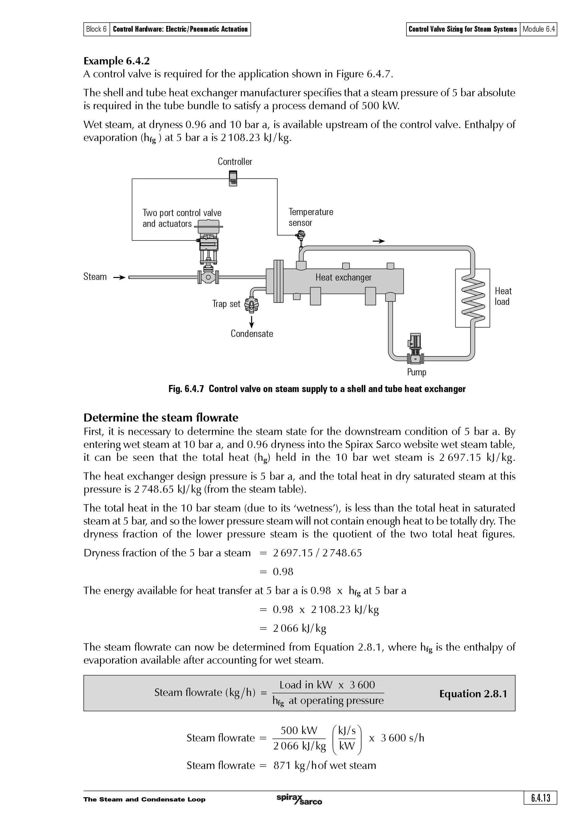 The Steam and Condensate Loop6.4.12
Block 6 Control Hardware: Electric/Pneumatic Actuation Control Valve Sizing for Steam Systems Module 6.4
Equation 3.21.2
Equation 6.4.3Ã2Ã !ÃF ÃQV Y Ç
Ã 2Ã !ÃF ÃQ Ã ÃÃ$%Ã#!ÃÃ 
!
† ‰ÃÇ e
Where:
ms = Mass flowrate (kg / h)
Kv = Valve flow coefficient (m³/h bar)
P1 = Upstream pressure (bar a)
ƒ = Pressure drop ratio =
P2 = Downstream pressure (bar a)
Note: If Equation 3.21.2 is used when P2 is less than the critical pressure, then the term within
the bracket (0.42 - ƒ) becomes negative. This is then taken as zero and the function within the
square root sign becomes unity, and the equation is simplified as shown in Equation 6.4.3.
Q ÃÃQ
Q
 

Alternatively, valve-sizing or Kv charts can be used.
Terminology
Normally the full lift value of the valve will be stated using the term Kvs, thus:
Kvr = Actual value required for an application
Kvs = Full lift capacity stated for a particular valve
Manufacturers give the maximum lift Kvs values for their range of valves. Hence the Kv value
is not only used for sizing valves but also as a means of comparing the capacity of alternative
valve types and makes. Comparing two DN15 valves from different sources shows that
valve 'A' has a Kvs of 10 and valve 'B' a Kvs of 8. Valve 'A' will give a higher flowrate for the
same pressure drop.
Bringing together the information for steam valve sizing
Certain minimum information is required to determine the correct valve size:
o The pressure of the steam supply must be known.
o The steam pressure in the heat exchanger to meet the maximum heat load must be known.
The difference between the above criteria defines the differential pressure across the valve at its
full load condition.
o The heat output of the equipment must be known, along with the enthalpy of evaporation
(hfg) at the working pressure in the heat exchanger. These factors are required to determine
the steam mass flowrate.
Simple sizing routine for globe valves in steam service
The flow and expansion of steam through a control valve is a complex process. There are a
variety of very complex sizing formulae available, but a pragmatic approach, based on the ‘best
fit’ of a mathematical curve to empirical results, is shown in Equation 3.21.2 for globe valves
throttling saturated steam. The advantage of this relatively simple formula is that it can be used
with the aid of a simple calculator. It assumes that critical pressure drop occurs at 58% of the
upstream pressure.
 