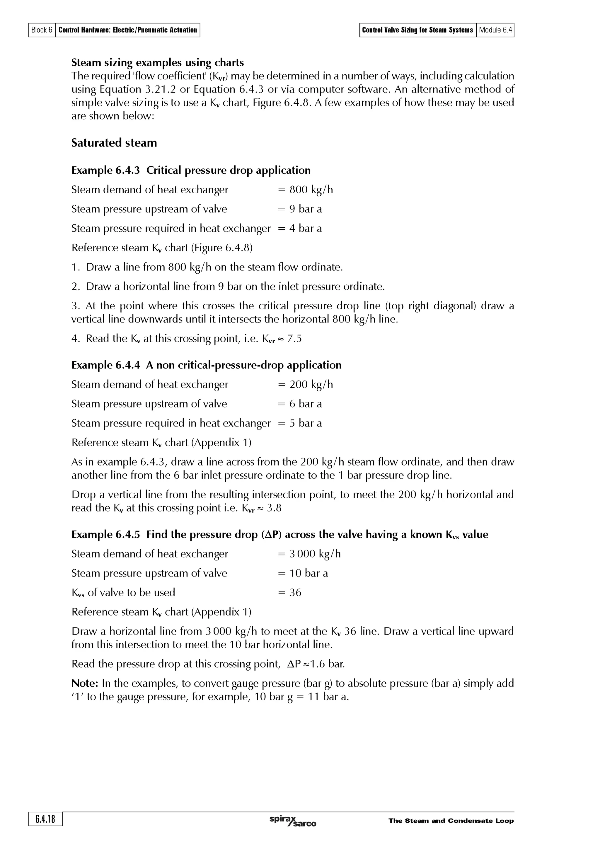 The Steam and Condensate Loop 6.4.17
Block 6 Control Hardware: Electric/Pneumatic Actuation Control Valve Sizing for Steam Systems Module 6.4
Types of steam heated heat exchangers
This subject is outside the scope of this Module, but it is useful to have a brief look at the two
main types of heat exchanger used for steam heating and process applications.
The shell and tube heat exchanger
Traditionally, the shell-and-tube heat exchanger has been used for many steam heating and process
applications across a broad spectrum of industries. It is robust and often ‘over-engineered’ for the
job. It tends to have an inherently high mass and large thermal hysteresis, which can make it
unwieldy for certain critical applications.
Shell-and-tube heat exchangers are often greatly oversized on initial installation, mainly because
of large fouling factors applied to the calculation. They tend to have low steam velocity in the
steam tube, which reduces:
o Turbulence.
o The sheer stress between the flowing steam and the tube wall.
o Heat transfer.
Low sheer stress also tends not to clean the tube surfaces; hence high fouling factors are usually
applied at the design stage leading to oversizing. Due to oversizing, the actual steam pressure
after installation is often much less than predicted. If this is not anticipated, the steam trap might
not be correctly sized and the steam tubes might flood with condensate, causing erratic control
and poor performance.
The plate (and frame) heat exchanger
Plate heat exchangers are a useful alternative; being relatively small and light, they have a small
mass and are extremely quick to respond to changes in heat load.
When properly designed, they tend not to foul, but if they do, they are easily disassembled,
cleaned and recommissioned. Compared to shell-and-tube exchangers, they can operate at lower
pressures for the same duty, but because of their high heat transfer characteristics, and a lower
requirement for oversizing, they are still smaller and less expensive than a comparable shell-and-
tube exchanger.
Plate heat exchangers (when properly engineered to use steam) are therefore more economically
suited to high pressure drops across control valves than their shell-and-tube counterparts. This
can give the advantage of smaller and less expensive control valves, whilst minimising the cost of
the heat exchanger itself. Generally, it is better to design the system so that the plate exchanger
operates with critical pressure drop (or the highest possible pressure drop) across the control
valve at full load.
It must be stressed that not all plate heat exchangers are suitable for steam use. It is very easy to
buy a heat exchanger designed for liquid use and wrongly assume that it will perform perfectly
when heated with steam. Correct selection for steam is not just a matter of pressure/temperature
compatibility. Proper expertise is available from bona fide manufacturers, and this should always
be sought when steam is the prime energy source.
 