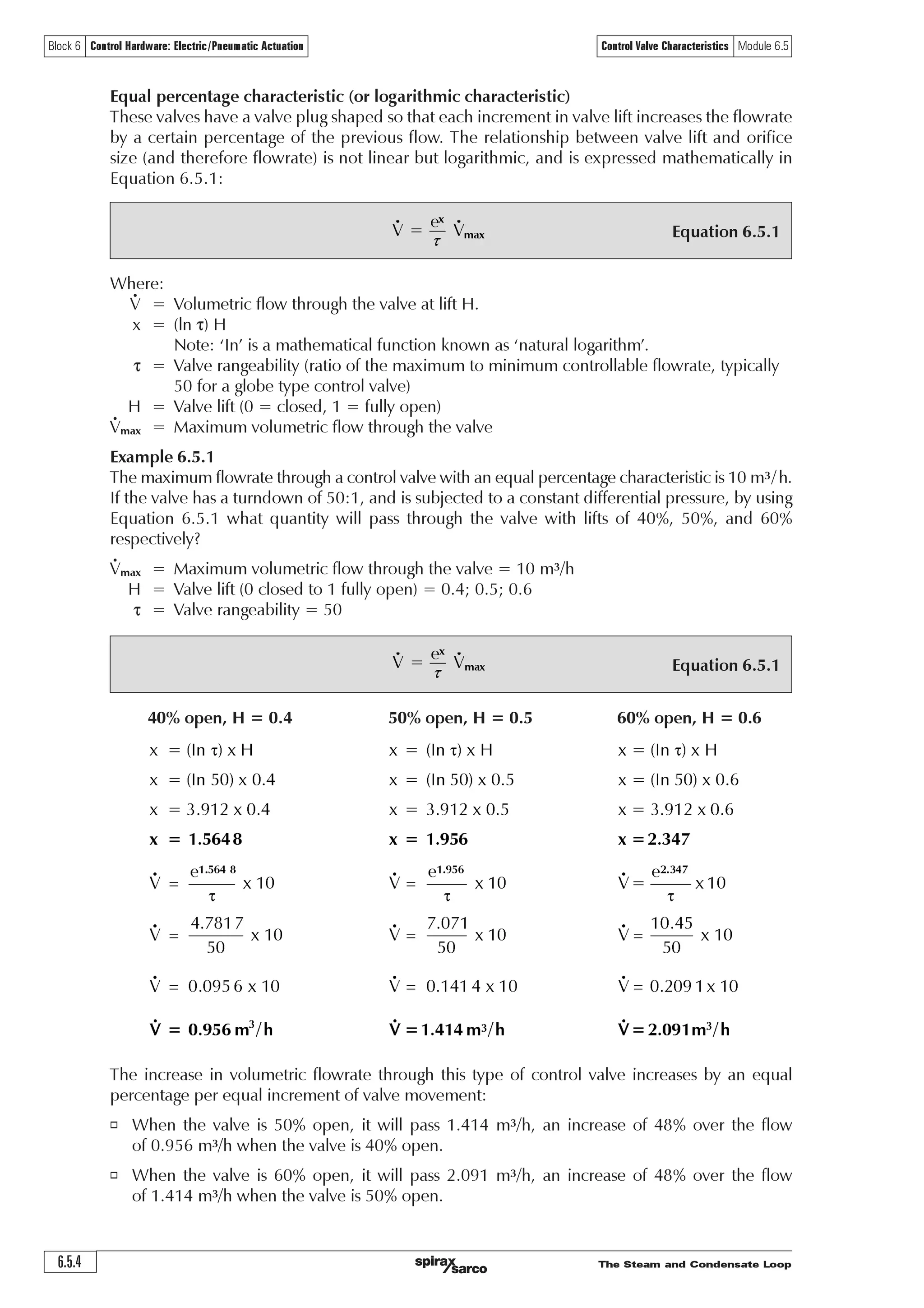 The Steam and Condensate Loop 6.5.3
Block 6 Control Hardware: Electric/Pneumatic Actuation Control Valve Characteristics Module 6.5
Equal percentage globe
100%
50%
0%
0% 50% 100%
Fast opening globe
Linear globe
Butterfly
Ball
10
8
6
4
2
0
0 0.2 0.4 0.6 0.8 1.0
Flow%
Valve opening
Valve lift (H) (0 = closed , 1 = fully open)
Volumepassingthrough
thevalve(V)(m3/h)
For example, at 40% valve lift, a 40% orifice size allows 40% of the full flow to pass.
Fig. 6.5.3 Flow / lift curve for a linear valve
Fast opening characteristic
The fast opening characteristic valve plug will give a large change in flowrate for a small valve
lift from the closed position. For example, a valve lift of 50% may result in an orifice pass area
and flowrate up to 90% of its maximum potential.
A valve using this type of plug is sometimes referred to as having an ‘on / off’ characteristic.
Unlike linear and equal percentage characteristics, the exact shape of the fast opening curve
is not defined in standards. Therefore, two valves, one giving a 80% flow for 50% lift, the other
90% flow for 60% lift, may both be regarded as having a fast opening characteristic.
Fast opening valves tend to be electrically or pneumatically actuated and used for ‘on/off’ control.
The self-acting type of control valve tends to have a plug shape similar to the fast opening plug in
Figure 6.5.1. The plug position responds to changes in liquid or vapour pressure in the control
system. The movement of this type of valve plug can be extremely small relative to small changes
in the controlled condition, and consequently the valve has an inherently high rangeability. The
valve plug is therefore able to reproduce small changes in flowrate, and should not be regarded
as a fast opening control valve.
Linear characteristic
The linear characteristic valve plug is shaped so that the flowrate is directly proportional to the
valve lift (H), at a constant differential pressure. A linear valve achieves this by having a linear
relationship between the valve lift and the orifice pass area (see Figure 6.5.3).
Fig. 6.5.2 Inherent flow characteristics of typical globe valves and rotary valves
 