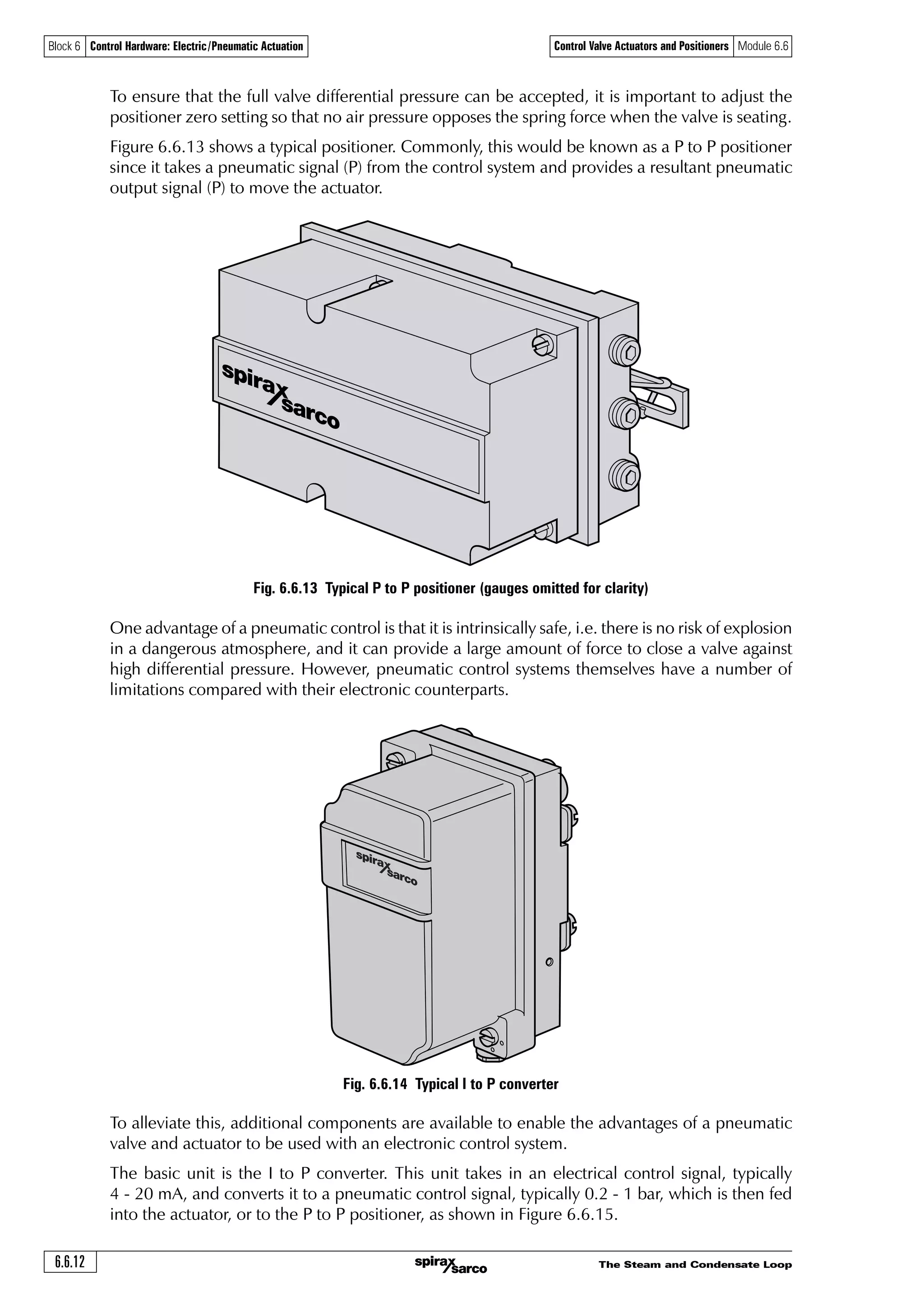 The Steam and Condensate Loop 6.6.11
Block 6 Control Hardware: Electric/Pneumatic Actuation Control Valve Actuators and Positioners Module 6.6
Closing force available with
0.2 to 1.0 bar springs
Control signal
0 20 40 60 80 100
2.0
1.8
1.6
1.4
1.2
1.0
0.8
0.6
0.4
0.2
0
Air pressure to actuator
Closing force available
with 1.0 to 2.0 bar
springs
Fig. 6.6.12 The positioner as a signal amplifier
It should be noted that a positioner is a proportional device, and in the same way that a proportional
controller will always give an offset, so does a positioner.
On a typical positioner, the proportional band may be between 3 and 6%. The positioner sensitivity
can usually be adjusted. It is essential that the installation and maintenance instructions be read
prior to the commissioning stage.
Summary - Positioners
1. A positioner ensures that there is a linear relationship between the signal input pressure from
the control system and the position of the control valve. This means that for a given input
signal, the valve will always attempt to maintain the same position regardless of changes in
valve differential pressure, stem friction, diaphragm hysteresis and so on.
2. A positioner may be used as a signal amplifier or booster. It accepts a low pressure air control
signal and, by using its own higher pressure input, multiplies this to provide a higher pressure
output air signal to the actuator diaphragm, if required, to ensure that the valve reaches the
desired position.
3. Some positioners incorporate an electropneumatic converter so that an electrical input
(typically 4 - 20 mA) can be used to control a pneumatic valve.
4. Some positioners can also act as basic controllers, accepting input from sensors.
A frequently asked question is, ‘When should a positioner be fitted?’
A positioner should be considered in the following circumstances:
1. When accurate valve positioning is required.
2. To speed up the valve response. The positioner uses higher pressure and greater air flow to
adjust the valve position.
3. To increase the pressure that a particular actuator and valve can close against. (To act as
an amplifier).
4. Where friction in the valve (especially the packing) would cause unacceptable hysteresis.
5. To linearise a non-linear actuator.
6. Where varying differential pressures within the fluid would cause the plug position to vary.
Airpressure(bar)
Valve opening
Controller signal
Compressed air supply
Output air
from positioner
Spindle movement
with increase in air
pressure
 