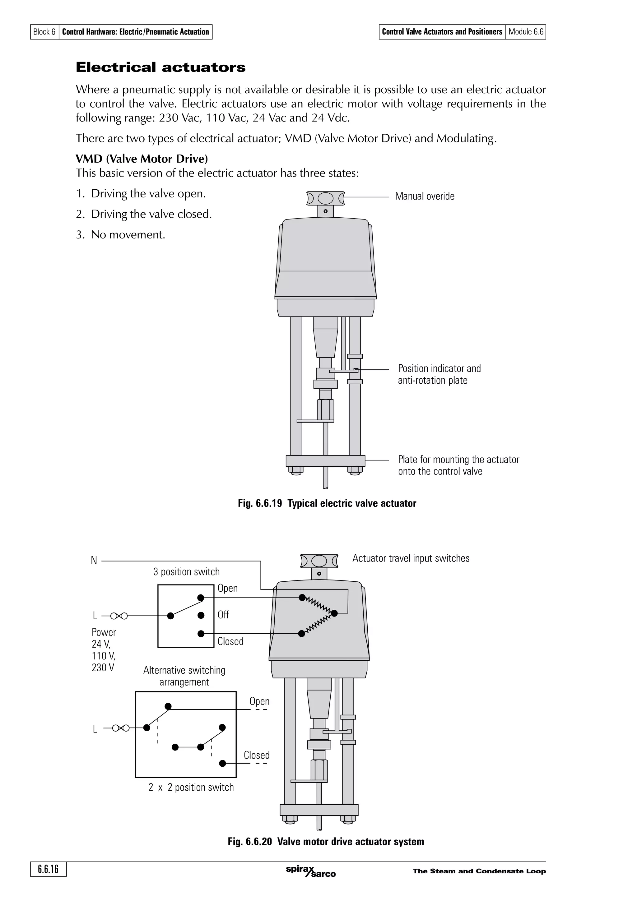 The Steam and Condensate Loop 6.6.15
Block 6 Control Hardware: Electric/Pneumatic Actuation Control Valve Actuators and Positioners Module 6.6
b
Clockwise
Air failure (loss of pressure) allows
compressed springs to force pistons
towards each other (toward centre),
rotating the drive pinion clockwise
and exhausting the air.
Fig. 6.6.18 Spring return rotary pneumatic actuator
a
Anticlockwise
Air is supplied forcing the pistons
away from each other (towards the
ends), rotating the drive pinion
anticlockwise.
Air in
Air out
The rack and pinion arrangement turns the shaft and, because the latter is coupled to the valve
stem, the valve opens or closes.
When the air pressure is relieved, movement of the shaft in the opposite direction occurs due to
the force of the return springs (Figure 6.6.18b).
It is also possible to obtain double acting versions, which have no return springs. Air can be fed
into either side of the pistons to cause movement in either direction. As with diaphragm type
actuators, they can also be fitted with positioners.
Air supply
An adequate compressed air supply system is essential to provide clean and dry air at the right
quantity and pressure. It is advantageous to install an individual coalescing filter / regulator unit
ahead of the final supply connection to each piece of equipment. Air quality is particularly important
for pneumatic instrumentation such as controllers, I to P convertors and positioners.
The decision to opt for a pneumatically operated system may be influenced by the availability
and/or the costs to install such a system. An existing air supply would obviously encourage the
use of pneumatically powered controls.
 