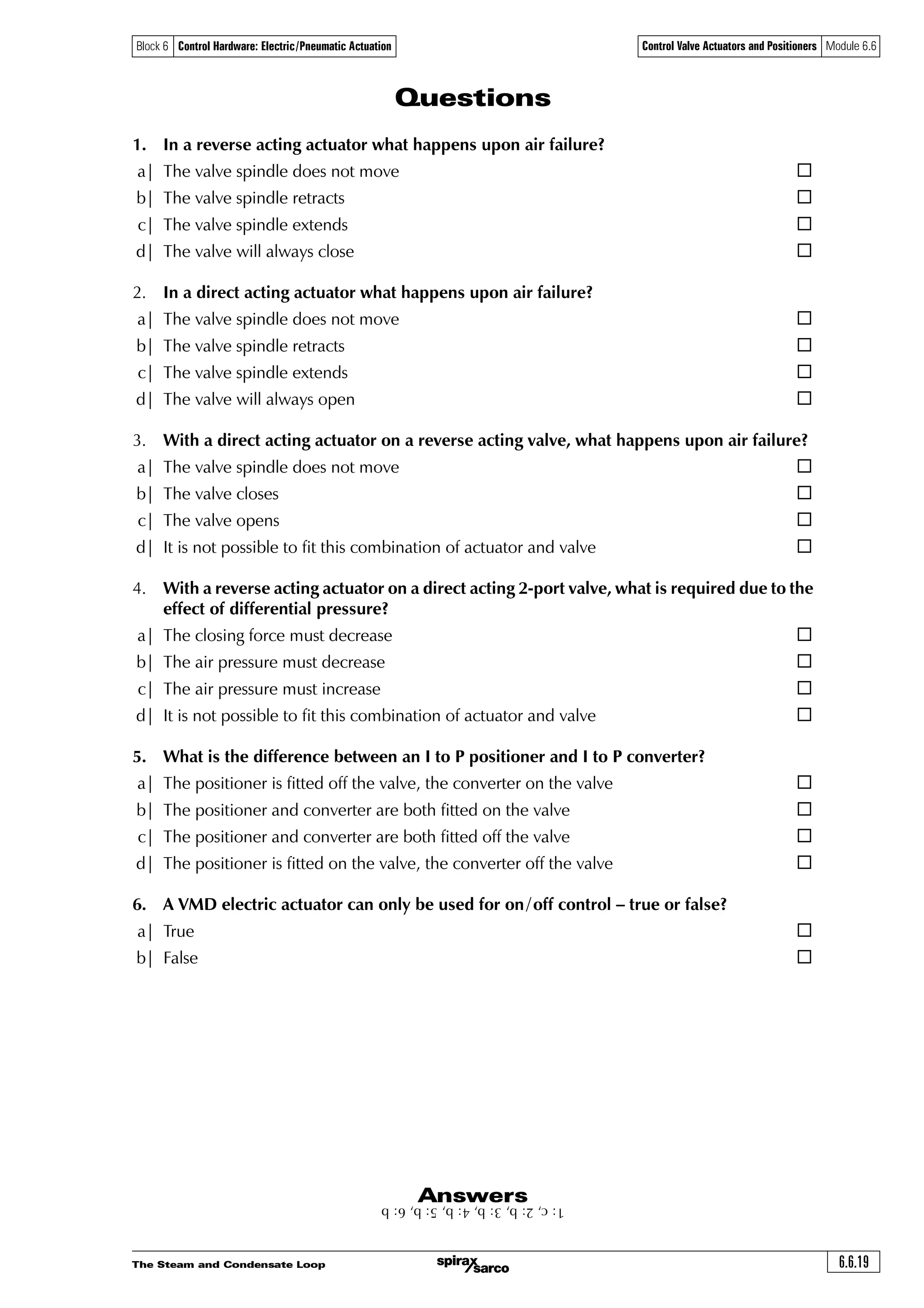 The Steam and Condensate Loop6.6.18
Control Valve Actuators and Positioners Module 6.6Block 6 Control Hardware: Electric/Pneumatic Actuation
Pneumatic actuators have an inherent fail-safe feature; should the air supply or control signal
fail the valve will close. To provide this function in electric actuators, ‘spring reserve’ versions
are available which will open or close the valve on power or control signal failure. Alternatively,
fail-safe can be provided with battery power.
Electric actuators offer specified forces, which may be limited on spring reserve versions. The
manufacturer’s charts should always be consulted during selection.
When sizing an actuator, it is wise to refer to the manufacturer’s technical data sheets for maximum
differential pressure across the valve (see Figure 6.6.22).
Another limitation of an electric actuator is the speed of valve movement, which can be as low
as 4 seconds/mm, which in rapidly varying systems may be too slow.
EL series actuators
Valve size DN15 DN20 DN25 DN32 DN40 DN50 DN65 DN80 DN100
Actuator Voltage Maximum differential pressure (bar)
EL5601 230 40.0 30.3 18.3 9.3 5.4 2.9 1.2 0.6 0.3
EL5602 110 40.0 30.3 18.3 9.3 5.4 2.9 1.2 0.6 0.3
EL5603 24 40.0 30.3 18.3 9.3 5.4 2.9 1.2 0.6 0.3
EL5611 230 40.0 40.0 38.3 19.8 12.0 6.7 3.5 2.2 1.3
EL5612 110 40.0 40.0 38.3 19.8 12.0 6.7 3.5 2.2 1.3
EL5613 24 40.0 40.0 38.3 19.8 12.0 6.7 3.5 2.2 1.3
EL5621 230 40.0 40.0 28.5 16.3 9.3 6.1 3.8
EL5622 110 40.0 40.0 28.5 16.3 9.3 6.1 3.8
EL5623 24 40.0 40.0 28.5 16.3 9.3 6.1 3.8
EL5631 230 40.0 29.7 17.5 11.5 7.4
EL5632 110 40.0 29.7 17.5 11.5 7.4
EL5633 24 40.0 29.7 17.5 11.5 7.4
EL5641 230 40.0 26.7 17.8 11.4
EL5642 110 40.0 26.7 17.8 11.4
EL5643 24 40.0 26.7 17.8 11.4
EL5651 230 40.0 38.0 24.6
EL5652 110 40.0 38.0 24.6
EL5653 24 40.0 38.0 24.6
Fig. 6.6.22 Typical manufacturer’s electric actuator selection chart
 