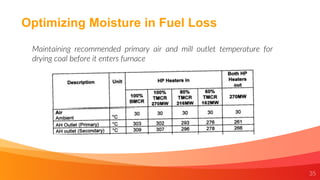 35
Optimizing Moisture in Fuel Loss
Maintaining recommended primary air and mill outlet temperature for
drying coal before it enters furnace
 