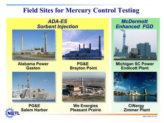 188678 RAB 03/11/04
Field Sites for Mercury Control Testing
Alabama Power
Gaston
We Energies
Pleasant Prairie
PG&E
Brayton Point
Michigan SC Power
Endicott Plant
CINergy
Zimmer Plant
ADA-ES
Sorbent Injection
McDermott
Enhanced FGD
PG&E
Salem Harbor
 