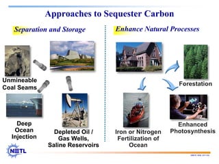 188678 RAB 03/11/04
Approaches to Sequester Carbon
Separation and Storage Enhance Natural Processes
Depleted Oil /
Gas Wells,
Saline Reservoirs
Iron or Nitrogen
Fertilization of
Ocean
Forestation
Enhanced
Photosynthesis
Unmineable
Coal Seams
Deep
Ocean
Injection
 