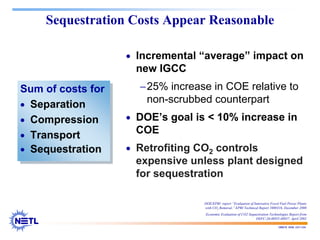 188678 RAB 03/11/04
Sequestration Costs Appear Reasonable
• Incremental “average” impact on
new IGCC
−25% increase in COE relative to
non-scrubbed counterpart
• DOE’s goal is < 10% increase in
COE
• Retrofiting CO2 controls
expensive unless plant designed
for sequestration
Sum of costs for
• Separation
• Compression
• Transport
• Sequestration
Sum of costs for
• Separation
• Compression
• Transport
• Sequestration
DOE/EPRI report “Evaluation of Innovative Fossil Fuel Power Plants
with CO2 Removal,” EPRI Technical Report 1000316, December 2000
Economic Evaluation of CO2 Sequestration Technologies Report from
DEFC-26-00NT-40937, April 2002
 