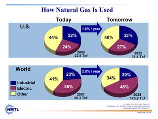 188678 RAB 03/11/04
How Natural Gas Is Used
U.S.
Today Tomorrow
World
44%
24%
40%
27%
Industrial
Electric
Other
23%
41%
36%
20%
34%
46%
2002
22.8 Tcf
2025
31.4 Tcf
1.8% / year
32% 33%
2001
90.3 Tcf
2025
175.9 Tcf
2.8% / year
U.S. data: EIA, AEO 2004, Table A13
World data: EIA, IEO2003, Table A5,except for sector splits
estimated from IEA WEO, Figure 3.9
 