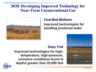 188678 RAB 03/11/04
DOE Developing Improved Technology for
Near-Term Unconventional Gas
Coal-Bed Methane
Improved technologies for
handling produced water
Deep Trek
Improved technologies for high-
temperature, high-pressure,
corrosive conditions found at
depths greater than 20,000 feet
 