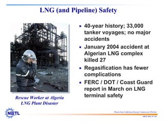 188678 RAB 03/11/04
LNG (and Pipeline) Safety
• 40-year history; 33,000
tanker voyages; no major
accidents
• January 2004 accident at
Algerian LNG complex
killed 27
• Regasification has fewer
complications
• FERC / DOT / Coast Guard
report in March on LNG
terminal safety
Rescue Worker at Algeria
LNG Plant Disaster
Photo from California Energy Commission Website
 