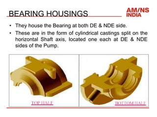 BEARING HOUSINGS
• They house the Bearing at both DE & NDE side.
• These are in the form of cylindrical castings split on the
horizontal Shaft axis, located one each at DE & NDE
sides of the Pump.
 