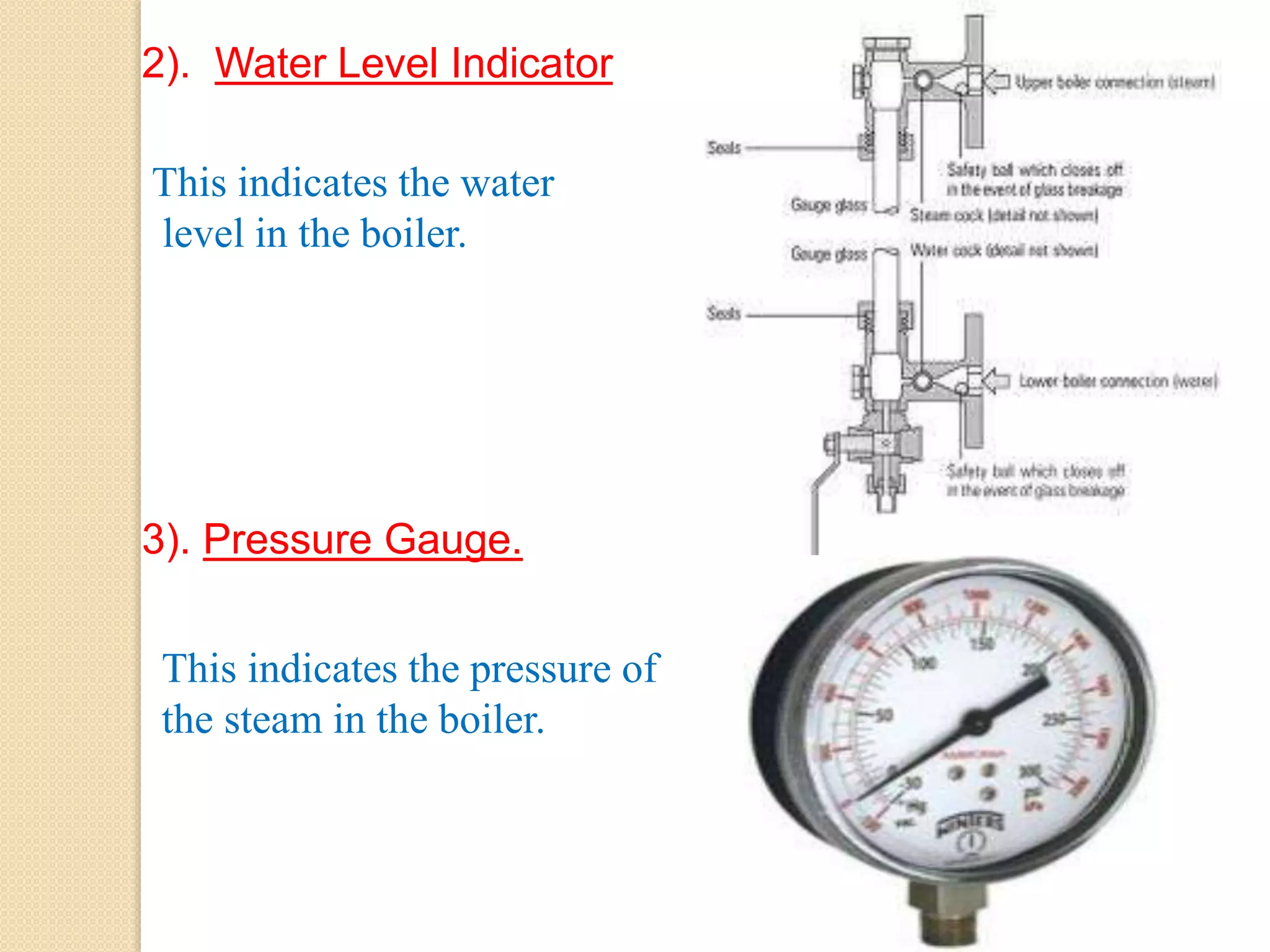 2). Water Level Indicator
This indicates the water
level in the boiler.
3). Pressure Gauge.
This indicates the pressure of
the steam in the boiler.
 