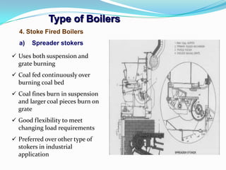 Type of Boilers
4. Stoke Fired Boilers
a) Spreader stokers
 Uses both suspension and
grate burning
 Coal fed continuously over
burning coal bed
 Coal fines burn in suspension
and larger coal pieces burn on
grate
 Good flexibility to meet
changing load requirements
 Preferred over other type of
stokers in industrial
application
 
