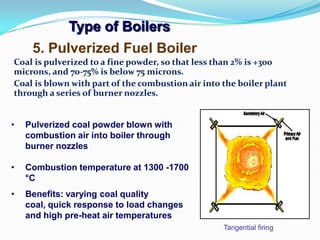 Type of Boilers
Tangential firing
5. Pulverized Fuel Boiler
• Pulverized coal powder blown with
combustion air into boiler through
burner nozzles
• Combustion temperature at 1300 -1700
°C
• Benefits: varying coal quality
coal, quick response to load changes
and high pre-heat air temperatures
Coal is pulverized to a fine powder, so that less than 2% is +300
microns, and 70-75% is below 75 microns.
Coal is blown with part of the combustion air into the boiler plant
through a series of burner nozzles.
 