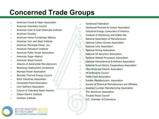 Concerned Trade Groups
 American Forest & Paper Association
                                            Hardwood Federation
 American Chemistry Council
                                            Hardwood Plywood & Veneer Association
 American Coke & Coal Chemicals Institute
                                            Industrial Energy Consumers of America
 American Foundry
                                            Institute of Shortening and Edible Oils
 American Home Furnishings Alliance
                                            National Association of Manufacturers
 American Iron and Steel Institute
                                            National Cotton Ginners Association
 American Municipal Power, Inc.
                                            National Lime Association
 American Petroleum Institute
                                            National Mining Association
 American Public Power Association
                                            National Oil Recyclers Association
 American Sugar Alliance
                                            National Oilseed Processors Association
 American Wood Council
                                            National Petrochemical & Refiners Association
 Alliance of Automobile Manufacturers
                                            National Rural Electric Cooperatives Association
 Bioenergy Deployment Consortium
                                            Ohio Municipal Electric Association
 Biomass Power Association
                                            PA Anthracite Council
 Biomass Thermal Energy Council
                                            Pellet Fuels Association
 Brick Industries Association
                                            Rubber Manufacturers Association
 Composite Panel Association
                                            Society of Chemical Manufacturers and Affiliates
 Corn Refiners Association
                                            Southern Lumber Manufacturing Association
 Council of Industrial Boiler Owners
                                            The Aluminum Association
 Edison Electric Institute
                                            Treated Wood Council
 Fertilizer Institute
                                            U.S. Chamber of Commerce
 