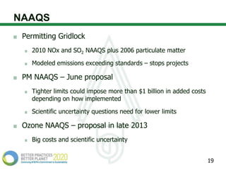 NAAQS
 Permitting Gridlock
   2010 NOx and SO2 NAAQS plus 2006 particulate matter

   Modeled emissions exceeding standards – stops projects

 PM NAAQS – June proposal
   Tighter limits could impose more than $1 billion in added costs
   depending on how implemented

   Scientific uncertainty questions need for lower limits

 Ozone NAAQS – proposal in late 2013
   Big costs and scientific uncertainty


                                                                     19
 