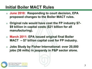 Initial Boiler MACT Rules
  June 2010: Responding to court decision, EPA
  proposed changes to the Boiler MACT rules.

  Original rule would have cost the FP industry $7-
  $9 billion in capital costs ($21 billion for all
  manufacturing).

  March 2011: EPA issued original final Boiler
  MACT -- $7 billion capital cost for FP industry.

  Jobs Study by Fisher International: over 20,000
  jobs (36 mills) in jeopardy in P&P sector alone.



                                                      7
 