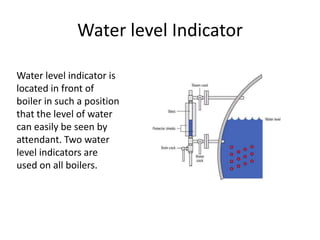Water level Indicator
Water level indicator is
located in front of
boiler in such a position
that the level of water
can easily be seen by
attendant. Two water
level indicators are
used on all boilers.

 