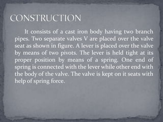It consists of a cast iron body having two branch
pipes. Two separate valves V are placed over the valve
seat as shown in figure. A lever is placed over the valve
by means of two pivots. The lever is held tight at its
proper position by means of a spring. One end of
spring is connected with the lever while other end with
the body of the valve. The valve is kept on it seats with
help of spring force.

 