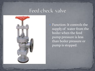  Function: It controls the

supply of water from the
boiler when the feed
pump pressure is less
than boiler pressure or
pump is stopped.

 