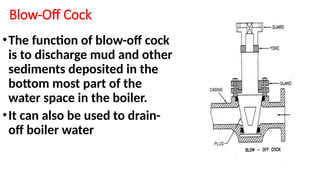 Blow-Off Cock
•The function of blow-off cock
is to discharge mud and other
sediments deposited in the
bottom most part of the
water space in the boiler.
•It can also be used to drain-
off boiler water
 