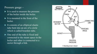 Pressure gauge –
 It is used to measure the pressure
of the boiler inside the boiler.
 It is mounted in the front of the
boiler.
 It consists of an elliptical elastic
tube bent into an arc of a circle
which is called bourden tube.
 One end of the tube is fixed and
connected to the steam space in the
boiler and other is connected to a
sector through a link.
 