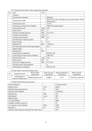 27
8.3.5 Integrated data table of other supporting equipment
No. Item Unit
1 Actuator
Speed reducer (Model) KMP340
Transmission mode
Spiral bevel gear and planet gear second stage vertical
transmission
Transmission ratio 32.435
Lubrication cooling device (Model) OWTS10 (double pump)
Oil pump flow rate l/min 228
Motor power KW 11
Normal oil supply pressure MPa 0.15~0.35
Cooling water quantity m3/h 17
Cooling water pressure MPa 0.4
Oil tank electric heater/quantity 6
Rated voltage V 415
Rated power KW 1.7kW/set
Oil return pipe electric heat tape/quantity N/A
Rated voltage V /
Rated power KW /
Lubricating oil trademark ISO VG 320
2 Lubricating oil station device (Model) OWTS10
Oil pump flow rate l/min 228
Motor power KW 11
Normal oil supply pressure MPa 0.15~0.35
Oil tank electric heater/quantity 6
Lubricating oil trademark ISO VG 320
8.4 Data table of coal mill cooling waters
No. Equipment name
Water quality
requirement
Water pressure
requirement
Water temperature
requirement
Water quantity
requirement
1
Lubricating oil
station cooling water
Demineralized water 0.4MPa <41℃ 17m3
/h/set coal mill
8.5 Seal fan performance parameters
Seal fan (Model) 9-26 type 16D-4
Rated air flow m3
/h 64032
Rated hoisting head pressure Pa 6481
Seal fan motor (Model) Y355M2-6
Rated power KW 185
Rated speed r/min 960
Rated voltage V 415
Air filter (Model) 60M
Chamber number of each set 16
Air capacity of each chamber M³/h 4245
Resistance Pa 1370
Filtration index (particle diameter≥5um filter ratio) 95%
 