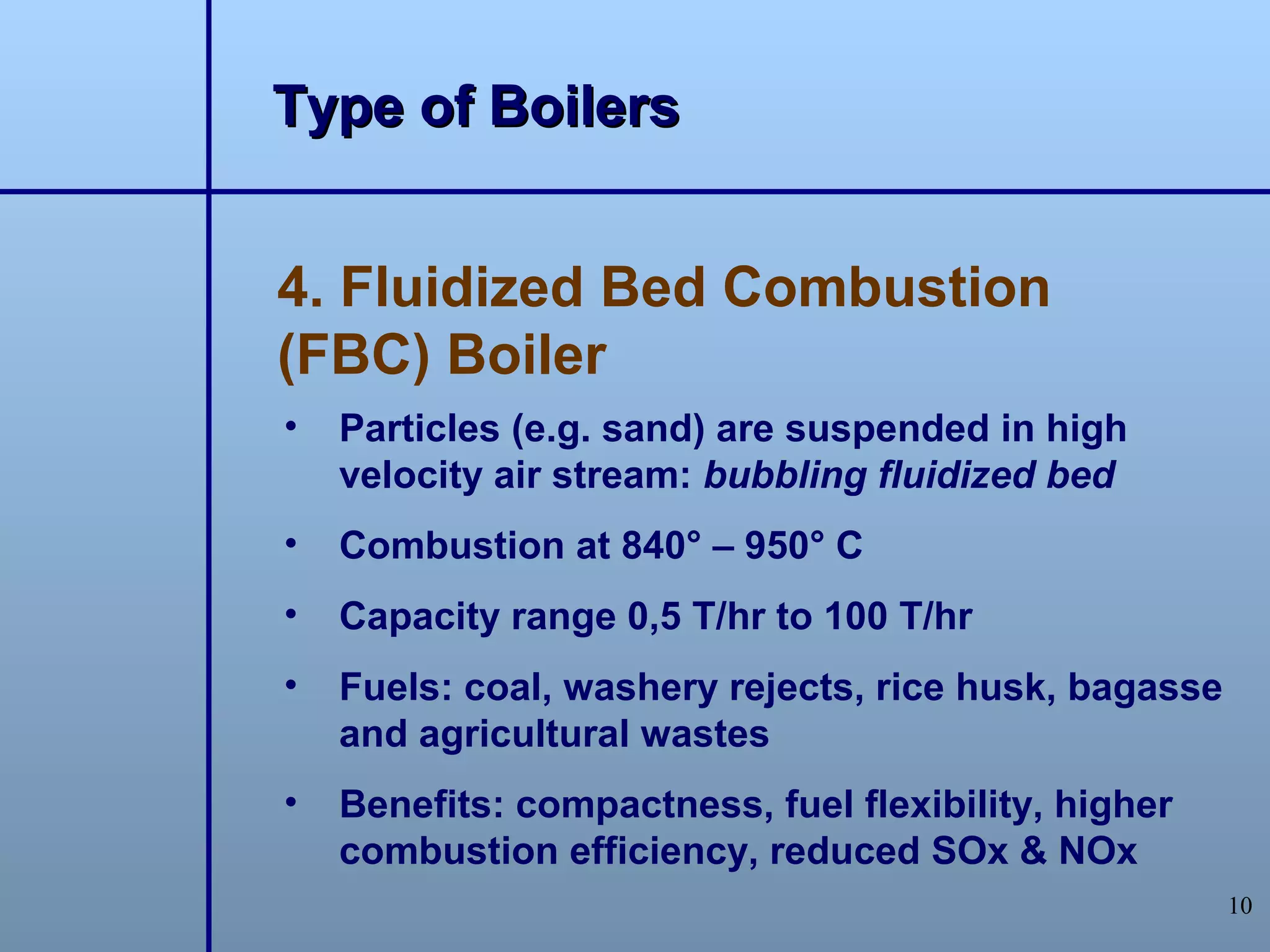 Type of Boilers


4. Fluidized Bed Combustion
(FBC) Boiler
•   Particles (e.g. sand) are suspended in high
    velocity air stream: bubbling fluidized bed
•   Combustion at 840° – 950° C
•   Capacity range 0,5 T/hr to 100 T/hr
•   Fuels: coal, washery rejects, rice husk, bagasse
    and agricultural wastes
•   Benefits: compactness, fuel flexibility, higher
    combustion efficiency, reduced SOx & NOx
                                                       10
 