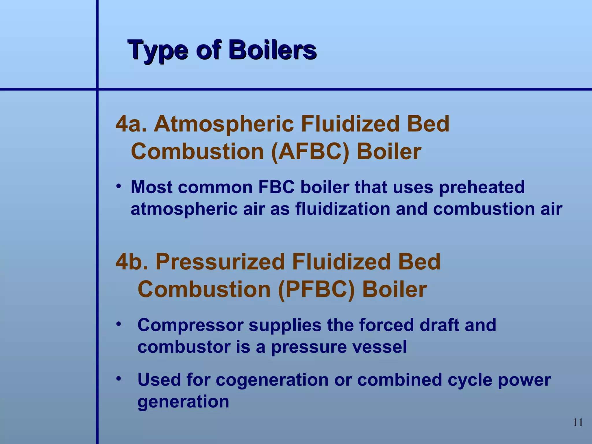 Type of Boilers

4a. Atmospheric Fluidized Bed
 Combustion (AFBC) Boiler
• Most common FBC boiler that uses preheated
  atmospheric air as fluidization and combustion air


4b. Pressurized Fluidized Bed
  Combustion (PFBC) Boiler
• Compressor supplies the forced draft and
  combustor is a pressure vessel
• Used for cogeneration or combined cycle power
  generation
                                                       11
 