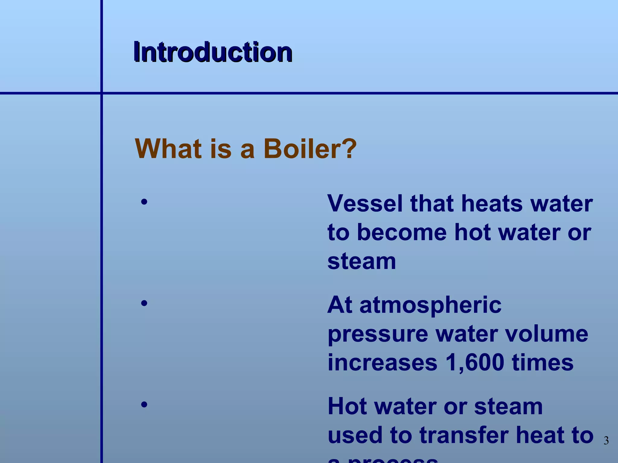 Introduction


What is a Boiler?
•              Vessel that heats water
               to become hot water or
               steam
•              At atmospheric
               pressure water volume
               increases 1,600 times
•              Hot water or steam
               used to transfer heat to   3
 