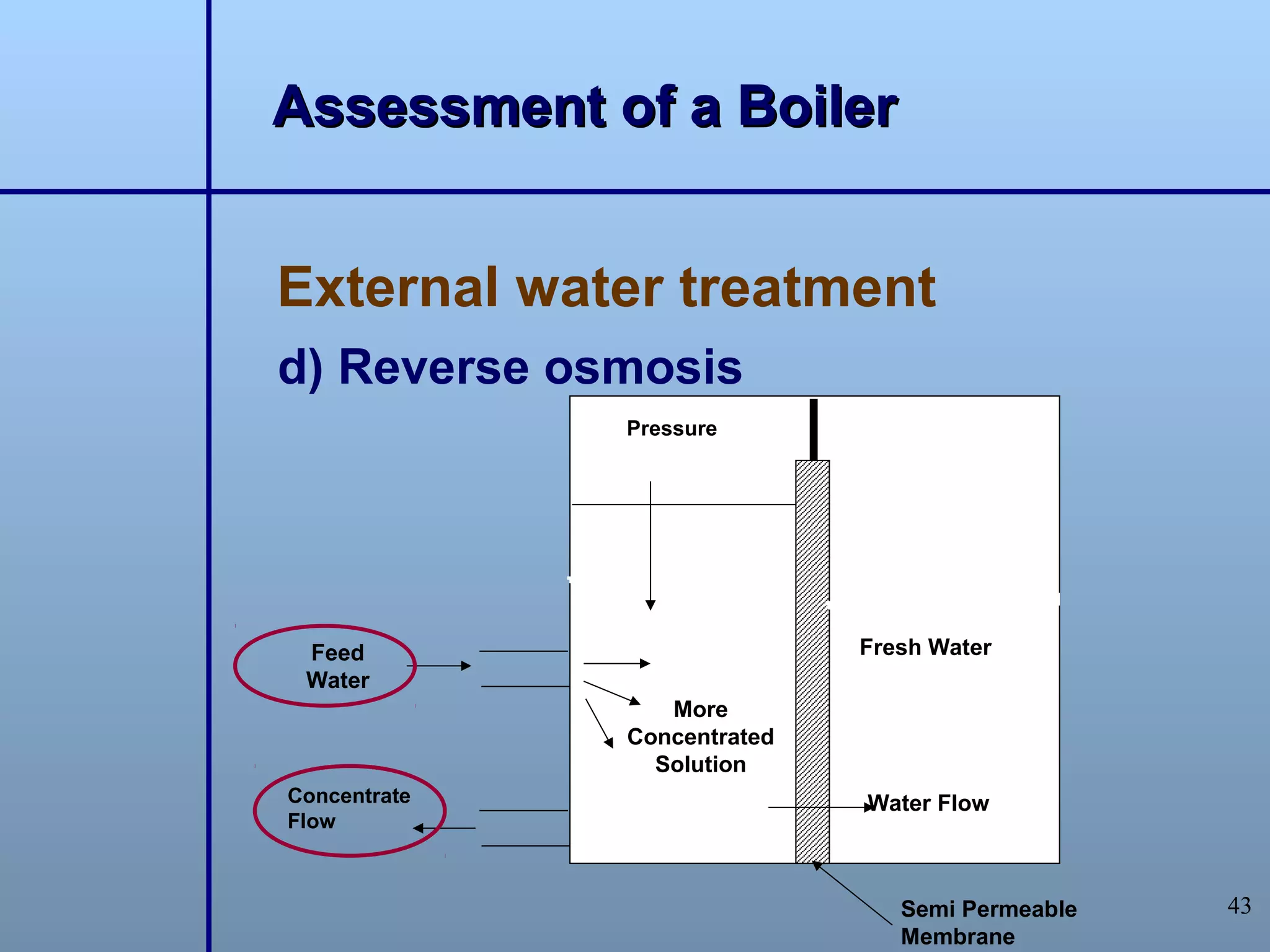 Assessment of a Boiler


External water treatment
d) Reverse osmosis
              Pressure




 Feed                        Fresh Water
 Water
                 More
              Concentrated
                Solution
Concentrate                  Water Flow
Flow



                                Semi Permeable   43
                                Membrane
 