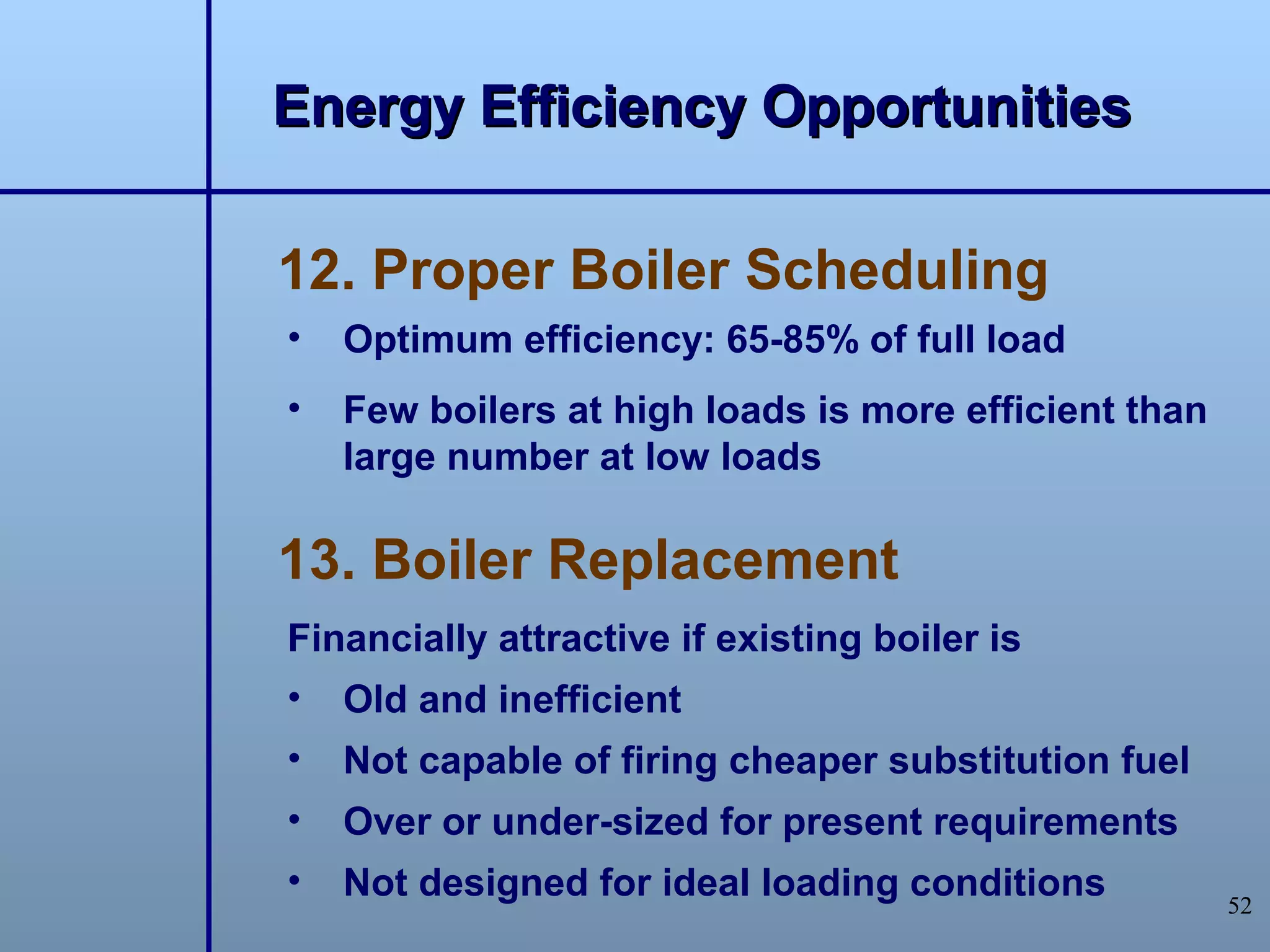 Energy Efficiency Opportunities

12. Proper Boiler Scheduling
•   Optimum efficiency: 65-85% of full load
•   Few boilers at high loads is more efficient than
    large number at low loads

13. Boiler Replacement
Financially attractive if existing boiler is
•   Old and inefficient
•   Not capable of firing cheaper substitution fuel
•   Over or under-sized for present requirements
•   Not designed for ideal loading conditions          52
 