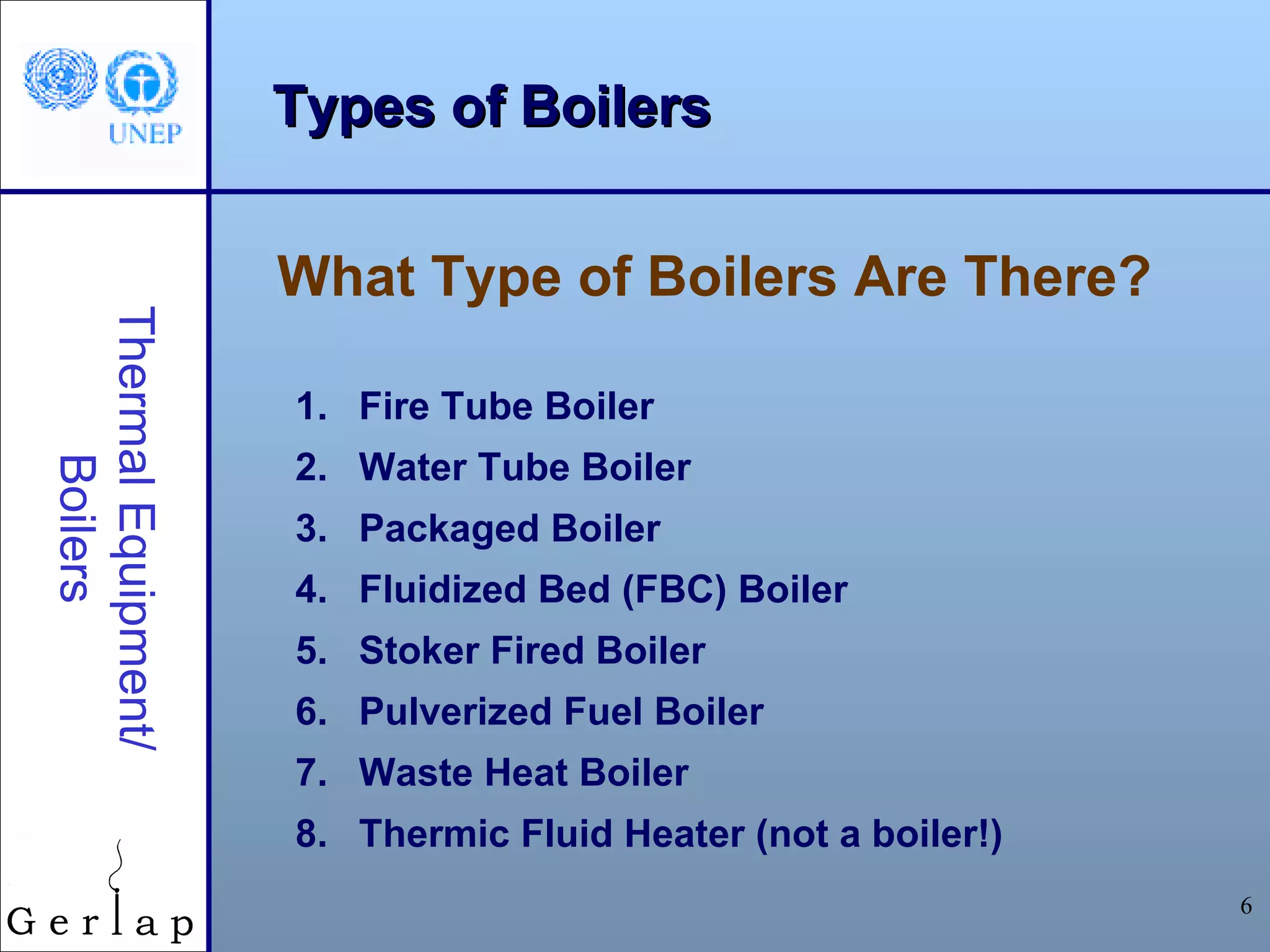 Types of Boilers


                     What Type of Boilers Are There?
Thermal Equipment/




                     1. Fire Tube Boiler
                     2. Water Tube Boiler
     Boilers




                     3. Packaged Boiler
                     4. Fluidized Bed (FBC) Boiler
                     5. Stoker Fired Boiler
                     6. Pulverized Fuel Boiler
                     7. Waste Heat Boiler
                     8. Thermic Fluid Heater (not a boiler!)
                                                               6
 