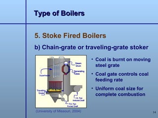 Type of Boilers


5. Stoke Fired Boilers
b) Chain-grate or traveling-grate stoker
                                 • Coal is burnt on moving
                                   steel grate
                                 • Coal gate controls coal
                                   feeding rate
                                 • Uniform coal size for
                                   complete combustion


(University of Missouri, 2004)                               14
 
