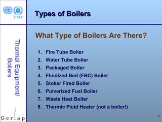 Types of Boilers


                     What Type of Boilers Are There?
Thermal Equipment/




                     1. Fire Tube Boiler
                     2. Water Tube Boiler
     Boilers




                     3. Packaged Boiler
                     4. Fluidized Bed (FBC) Boiler
                     5. Stoker Fired Boiler
                     6. Pulverized Fuel Boiler
                     7. Waste Heat Boiler
                     8. Thermic Fluid Heater (not a boiler!)
                                                               6
 