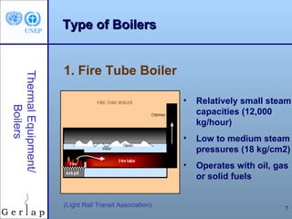 Type of Boilers


                     1. Fire Tube Boiler
Thermal Equipment/




                                                        •   Relatively small steam
     Boilers




                                                            capacities (12,000
                                                            kg/hour)
                                                        •   Low to medium steam
                                                            pressures (18 kg/cm2)
                                                        •   Operates with oil, gas
                                                            or solid fuels


                     (Light Rail Transit Association)                            7
 