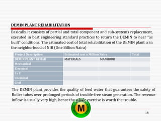 18
DEMIN PLANT REHABILITATION
Basically it consists of partial and total component and sub-systems replacement,
executed in best engineering standard practices to return the DEMIN to near “as
built” conditions. The estimated cost of total rehabilitation of the DEMIN plant is in
the neighborhood of NIB (One Billion Naira)
Project Description Estimated cost x Million Naira Total
DEMIN PLANT REHAB MATERIALS MANHOUR
Mechanical
Electrical
I x C
Chemical
Civil
The DEMIN plant provides the quality of feed water that guarantees the safety of
Boiler tubes over prolonged periods of trouble-free steam generation. The revenue
inflow is usually very high, hence the whole exercise is worth the trouble.
 