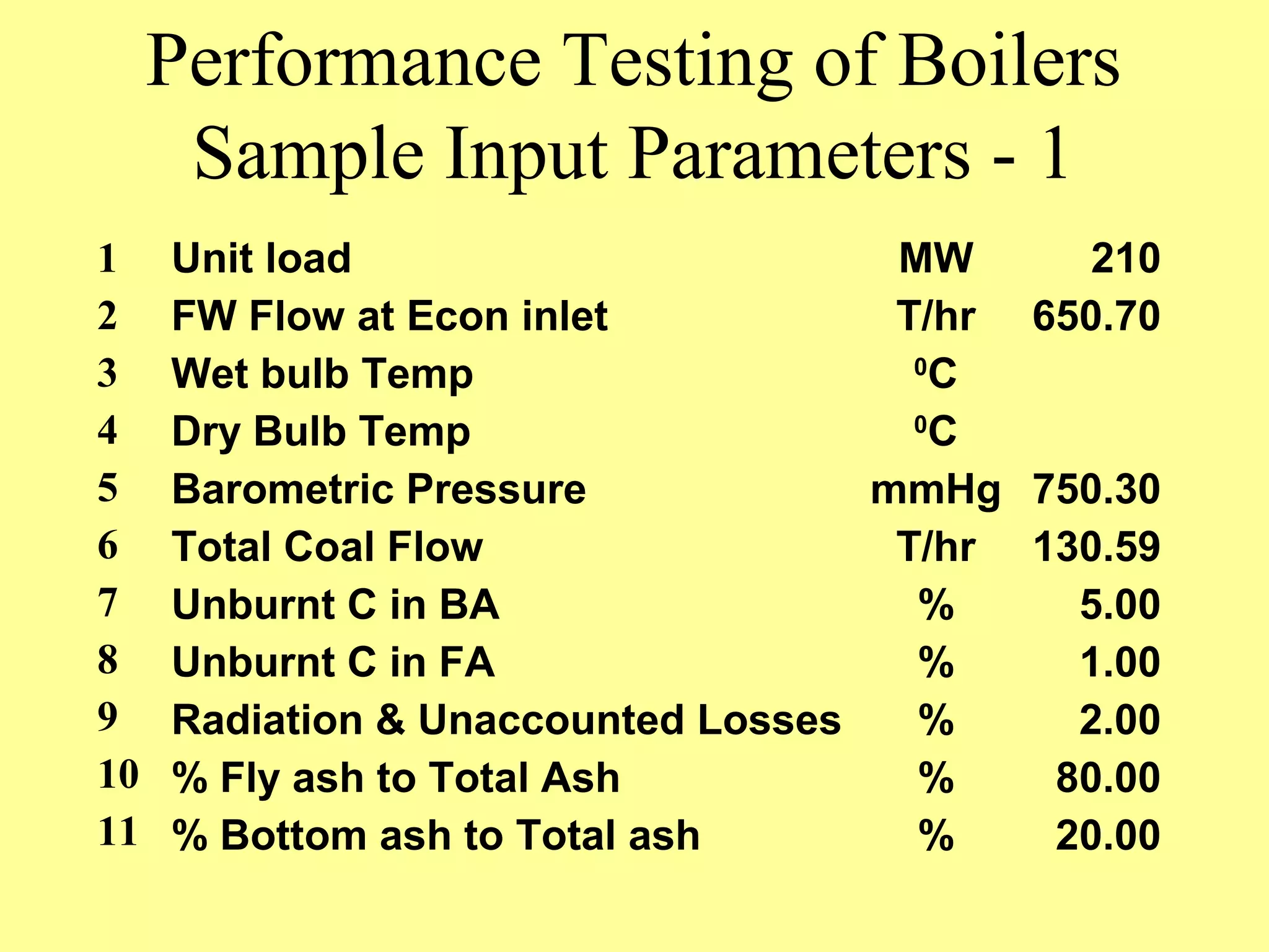 Performance Testing of Boilers
Sample Input Parameters - 1
1
2
3
4
5
6
7
8
9
10
11
Unit load
FW Flow at Econ inlet
Wet bulb Temp
Dry Bulb Temp
Barometric Pressure
Total Coal Flow
Unburnt C in BA
Unburnt C in FA
Radiation & Unaccounted Losses
% Fly ash to Total Ash
% Bottom ash to Total ash
MW
T/hr
0
C
0
C
mmHg
T/hr
%
%
%
%
%
210
650.70
750.30
130.59
5.00
1.00
2.00
80.00
20.00
 