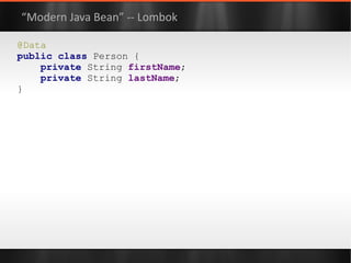 public   class  ResourceProvider { private   final  ResourceController  controller  =  new  ResourceController(); private   final  Map<String, String>  data  =  new  ConcurrentHashMap(); public  String getResource( final  String key)  throws  Exception { return   controller .withReadLock( new  Callable<String>() { public  String call()  throws  Exception { return   data .get( key ); } }); } public   void  refresh()  throws  Exception { controller .withWriteLock( new  Callable<Void>() { public  Void call()  throws  Exception { // reload settings return   null ; } }); } } “Modern API” -- Function Objects 