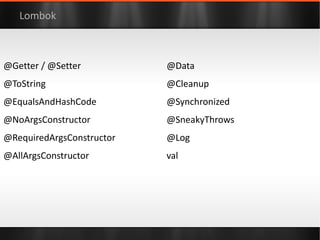 class  ResourceProvider { private   final   controller  =  new  ResourceController() private   final   data  = [:]  as  ConcurrentHashMap String getResource(String key) { controller .withReadLock({  data .get( key )  }  as  Callable) } void  refresh() { controller .withWriteLock( {  /* reload settings */ }  as  Callable)  } } “Modern API” -- Groovy Function Objects  