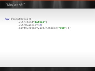 import static  com.google.common.collect.ComparisonChain.*; class  Person  implements  Comparable<Person> { String  name ; Date  timestamp  =  new  Date(); public   int  compareTo(Person other) { return   start () .compare( name , other. name ) .compare( timestamp , other. timestamp ) .result(); } } 